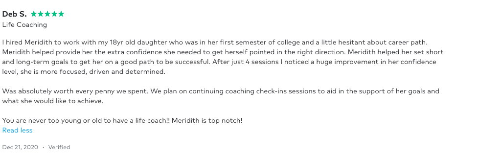 5-star review for Meridith Alexander coaching