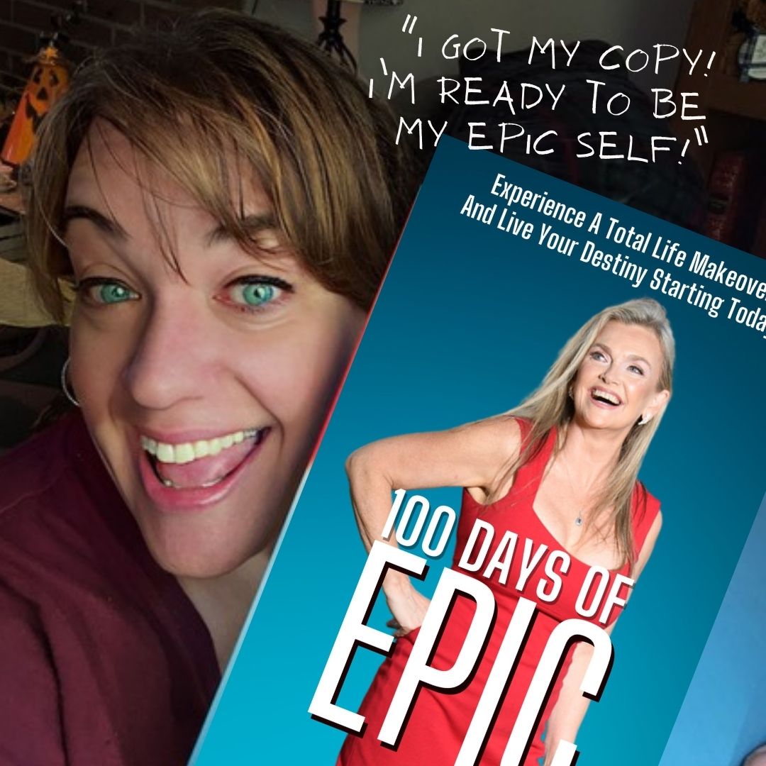 An attractive woman holding up Meridith's new book 100 Days of Epic
